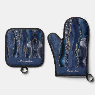 Personalisiert Sequin Navy Blue Agate Ofenhandschuh & Topflappen-Set