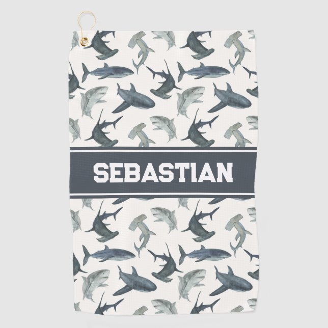 Personalisiert Shark Golf Handtuch | Aquarellhaie (Vorderseite)