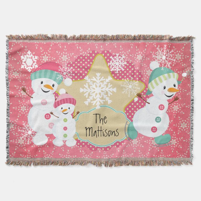 Personalisiert Snowman Family Holiday Throw Decke (Vorderseite)