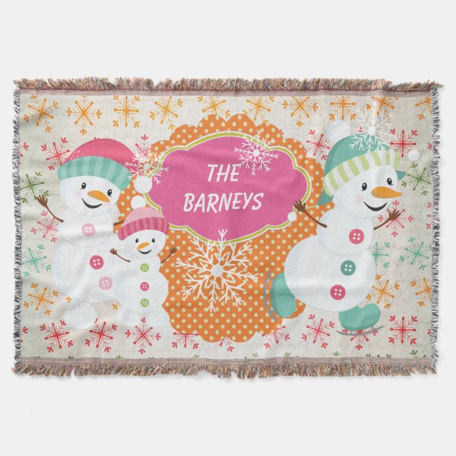 Personalisiert Snowman Family Holiday Throw Decke (Vorderseite)