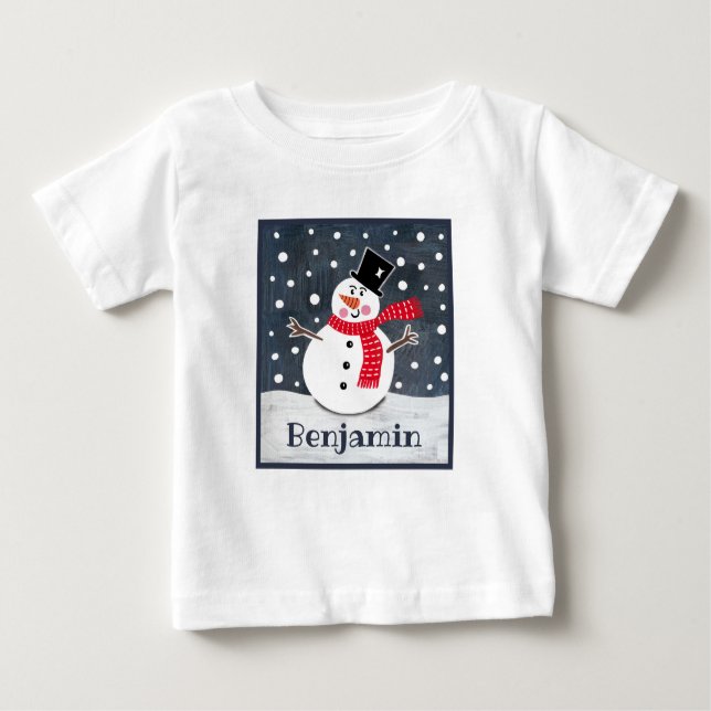 Personalisiert Snowman Weihnachten Baby T-shirt (Vorderseite)