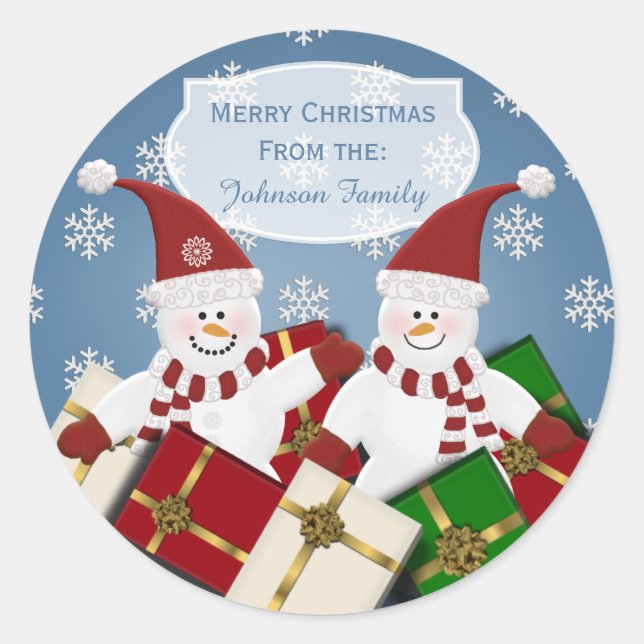 Personalisiert Snowman Weihnachtskleber Blau Runder Aufkleber (Vorderseite)