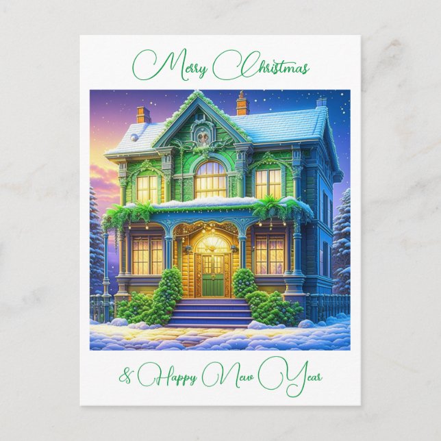 Personalisiert Snowy Christmas Green House Postkarte (Vorderseite)