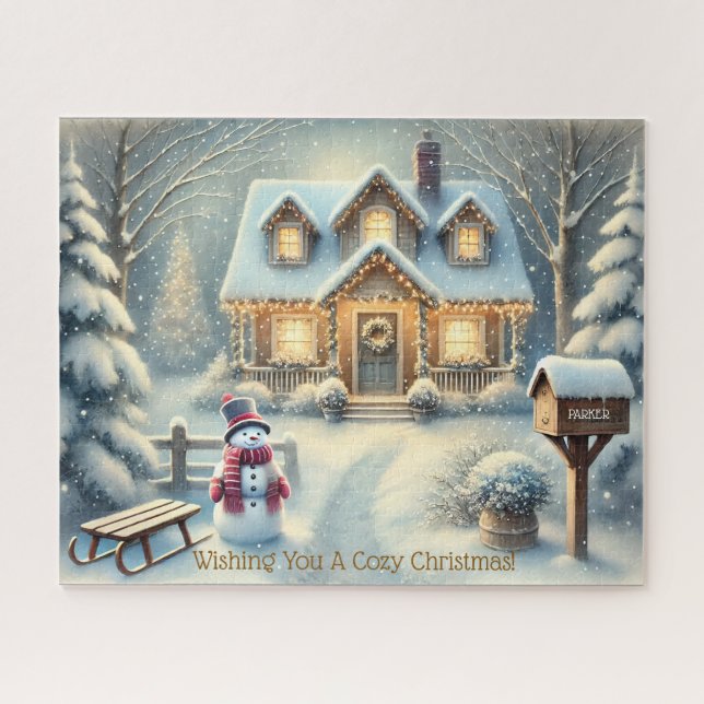 Personalisiert Snowy Christmas Hütte Mailbox Puzzle (Horizontal)