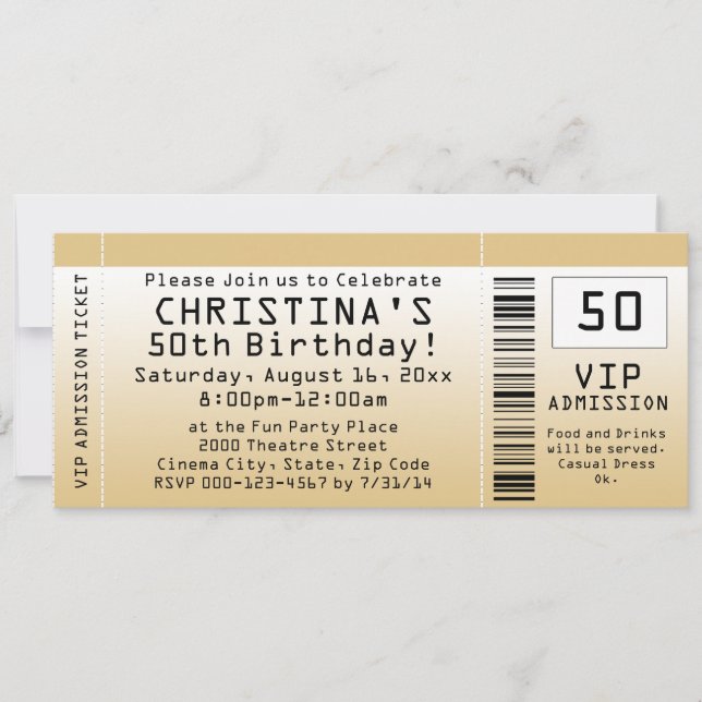 Personalisiert Soft Gold Custom Birthday Ticket Einladung (Vorderseite)