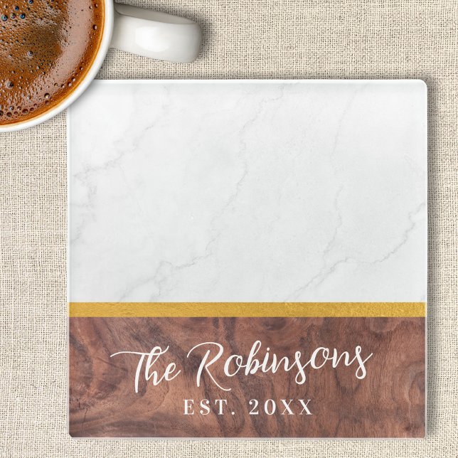 Personalisiert-Square-Marmor-Wald Nachname Est Dat Glasuntersetzer (Personalized Square Glass Coasters | Marble Wood Gold Last Name Est Established Wedding Date Gift)
