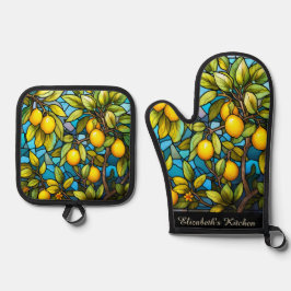 Personalisiert Stain Glass Lemon Tree Ofenhandschuh & Topflappen-Set