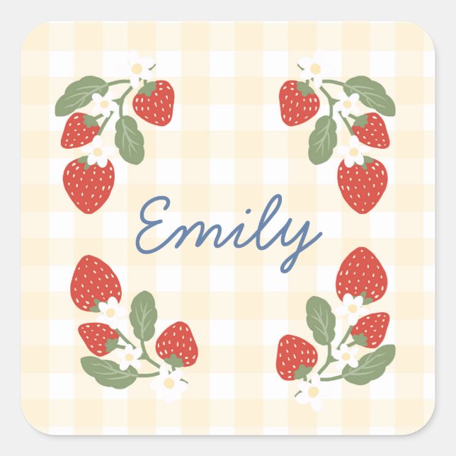 Personalisiert Strawberry Berry Sweet Party Picnic Quadratischer Aufkleber (Vorderseite)
