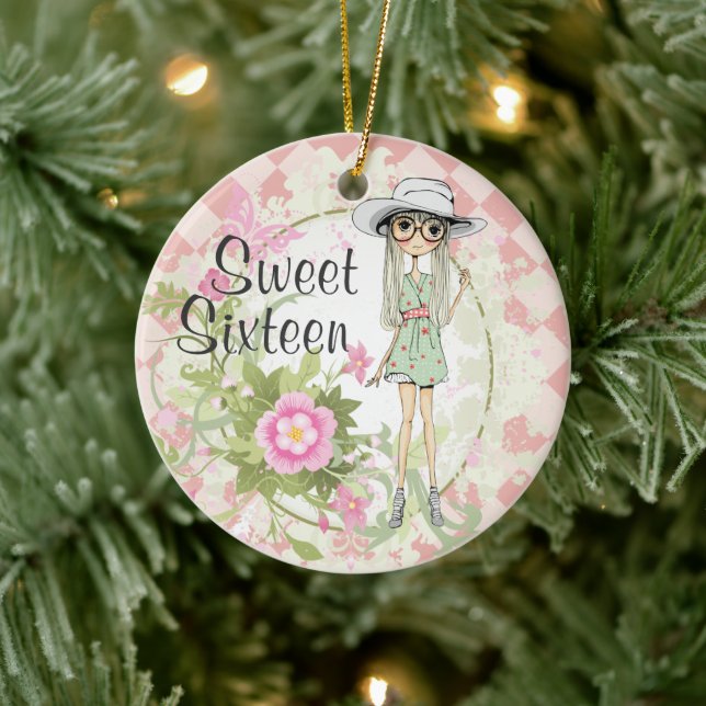 Personalisiert Sweet 16 Blond Girl Blume Weihnacht Keramikornament (Baum)
