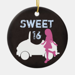 Personalisiert Sweet 16 Girl and Car in Pink n Blu Keramik Ornament
