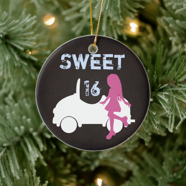 Personalisiert Sweet 16 Girl and Car ~ Pink, Blue Keramik Ornament (Baum)