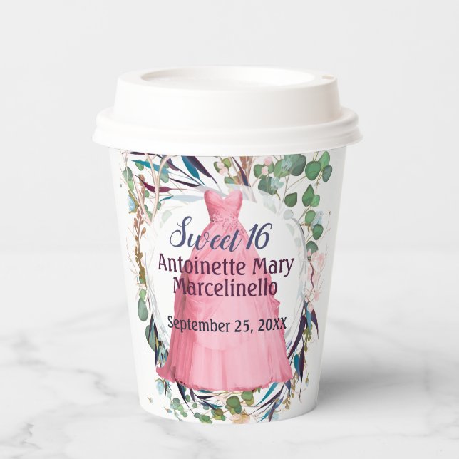 Personalisiert Sweet 16 Paper Cup Hübsch rosa Klei Pappbecher (Vorderseite)