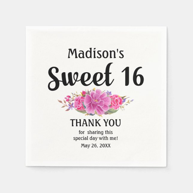 Personalisiert Sweet 16 Pink Floral 16 . Geburtsta Serviette (Vorderseite)