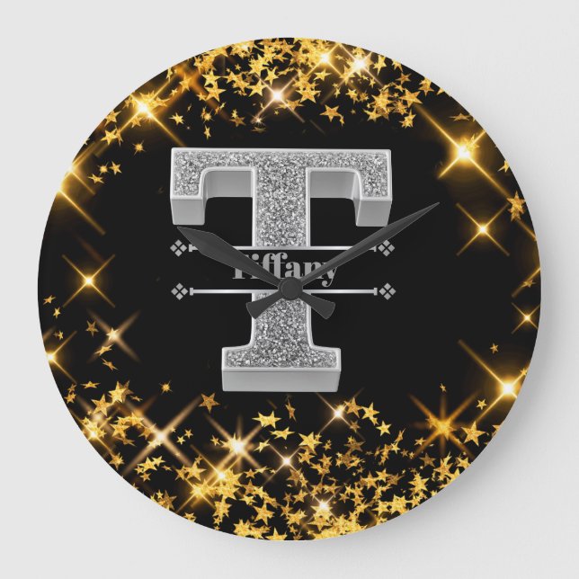 Personalisiert T Initial Silver Monogram Ihr Name Große Wanduhr (Vorderseite)