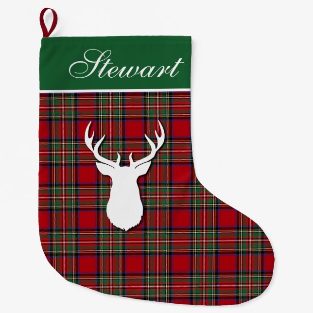 Personalisiert Tartan Deer Kariert Stewart Großer Weihnachtsstrumpf (Vorderseite)