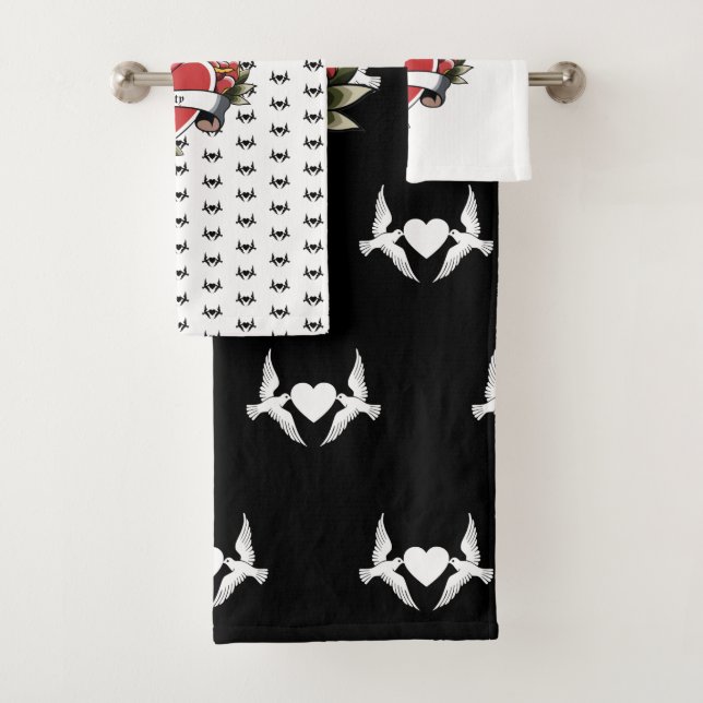 Personalisiert Tattoo Love Birds Herz Badhandtuch Set (Insitu)