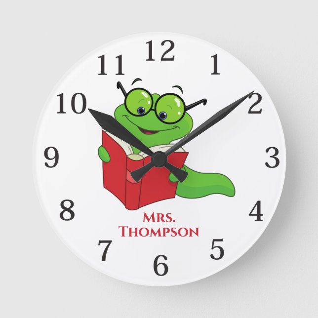 Personalisiert Teacher Bookworm Runde Wanduhr (Vorderseite)