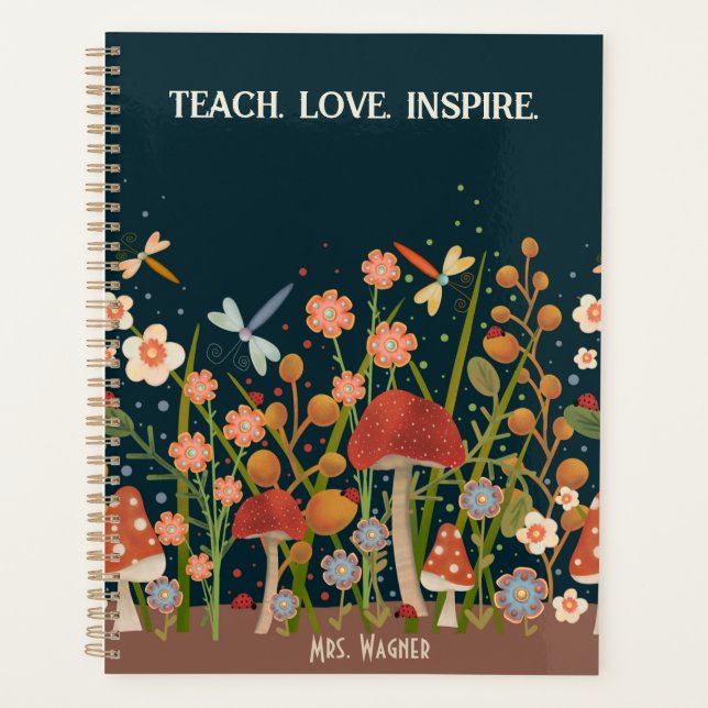 Personalisiert Teacher Mushroom Floral Dragonfly Planer (Vorderseite)
