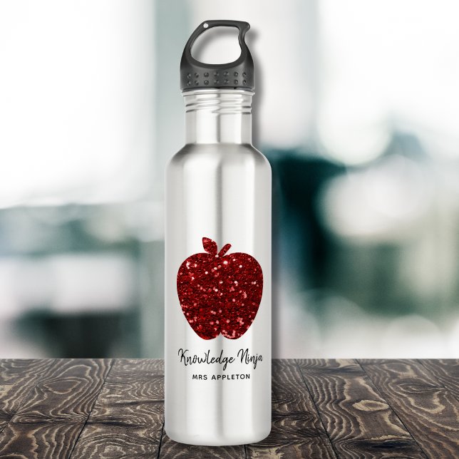 Personalisiert Teacher Name Red Apple Imitats Glit Edelstahlflasche (Replace Text and name to personalize.  Matching items available)