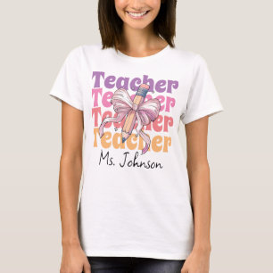 Personalisiert Teacher Pencil Coquette Bow T-Shirt