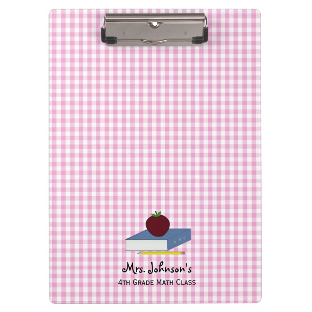 Personalisiert Teacher Pink Gingham Klemmbrett (Vorderseite)