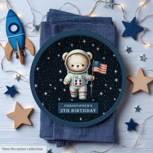 Personalisiert Teddy Astronaut Boy Party Plate Pappteller (Personalized Teddy Astronaut Boy Party Plate)