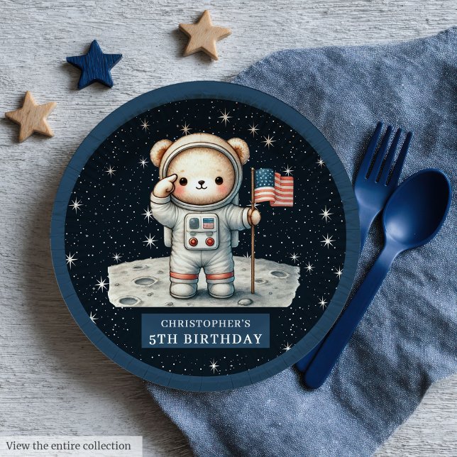 Personalisiert Teddy Astronaut Boy Party Plate Pappteller (Personalized Teddy Astronaut Boy Party Plate)