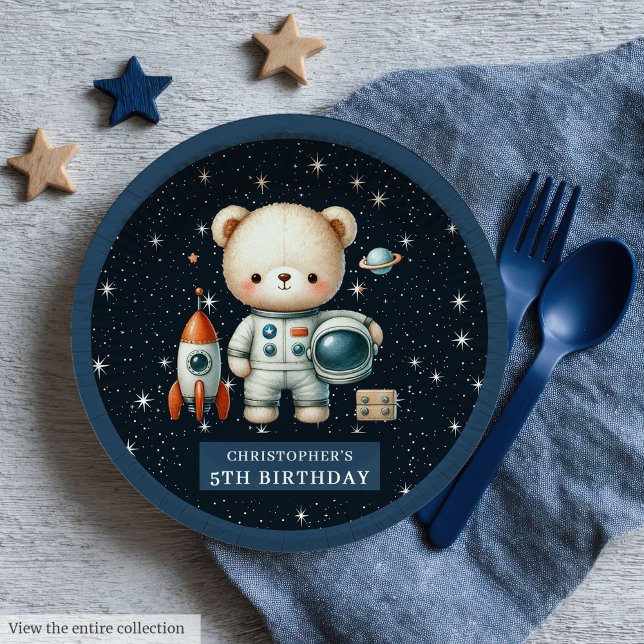 Personalisiert Teddy Bear Astronaut Baby Boy Pappteller (Personalized Teddy Bear Astronaut Baby Boy Paper Plates)