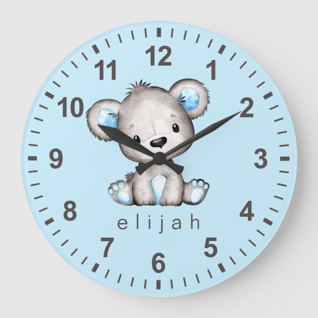 Personalisiert Teddy Bear Baby Boy Blue Große Wanduhr (Vorderseite)