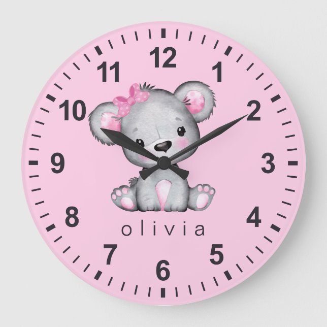 Personalisiert Teddy Bear Baby Girl Pink Große Wanduhr (Vorderseite)