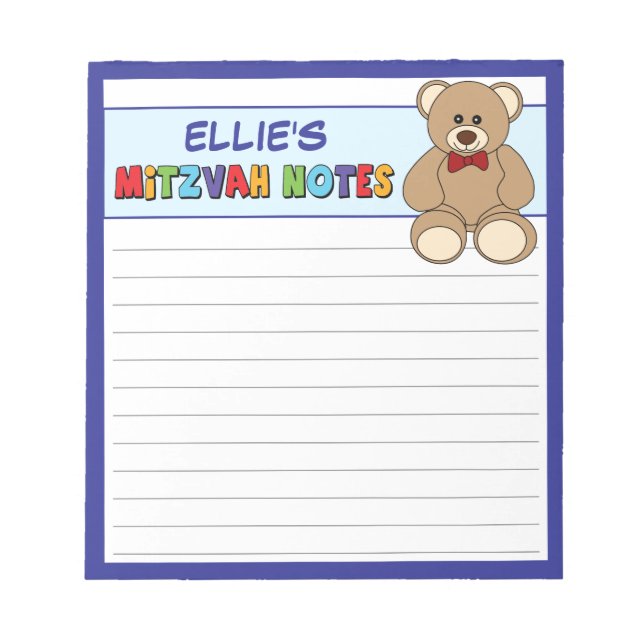Personalisiert Teddy Bear Mitzvah Blue Notizblock (Vorderseite)