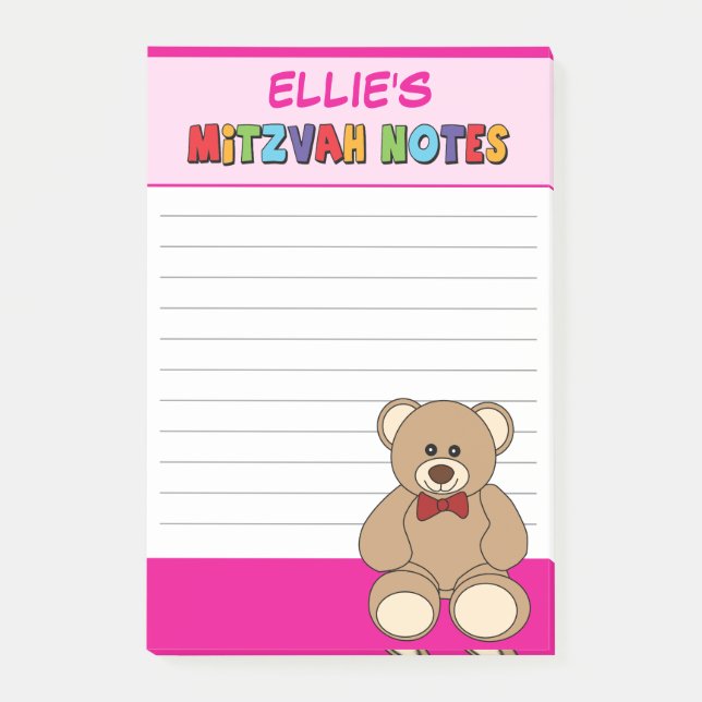 Personalisiert Teddy Bear Mitzvah Pink Post-it Klebezettel (Vorderseite)