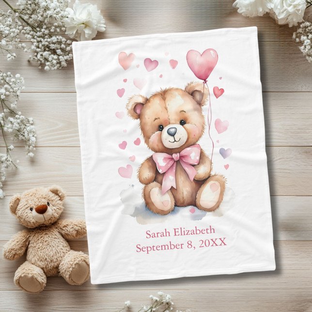 Personalisiert Teddy Bear Pink Bow Hearts Baby Gir Fleecedecke (Teddy Bear with Pink bow and pink hearts watercolor baby blanket, birth stats, name birthday)