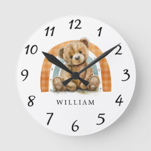 Personalisiert Teddy Bear Rainbow Boho Kinderzimme Runde Wanduhr