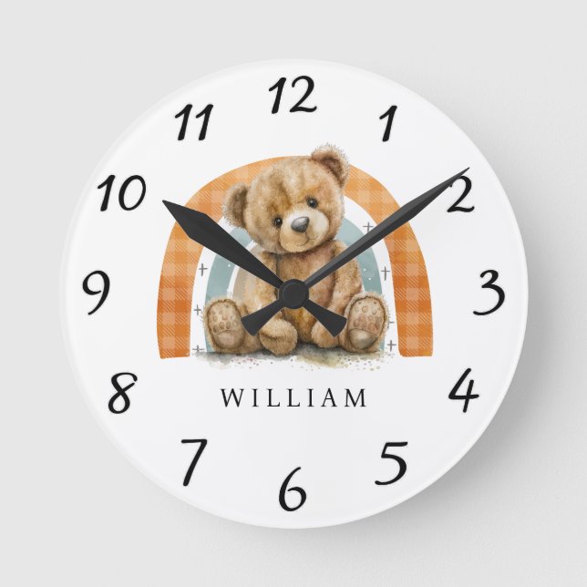 Personalisiert Teddy Bear Rainbow Boho Kinderzimme Runde Wanduhr (Vorderseite)