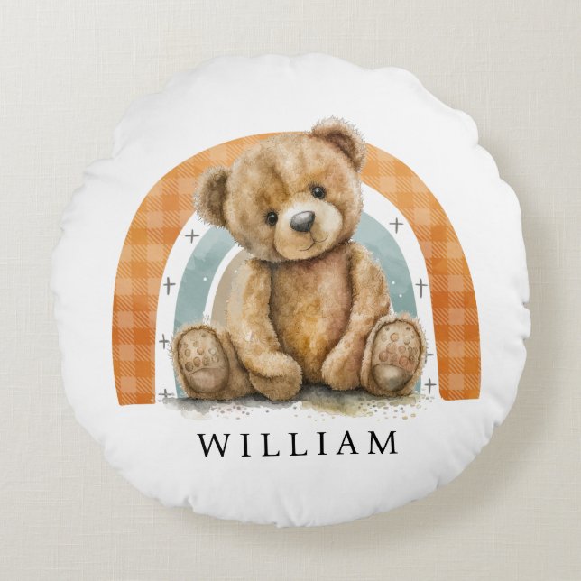 Personalisiert Teddy Bear Rainbow Boho Kinderzimme Rundes Kissen (Vorderseite)