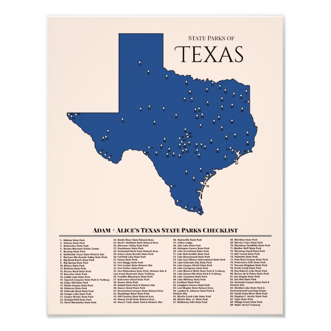 Personalisiert Texas Staat Park Karte Checklist Fo Fotodruck (Vorne)