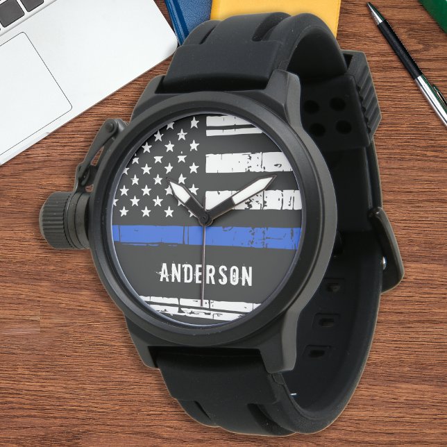 Personalisiert Thin Blue Line American Flag Police Armbanduhr (Von Creator hochgeladen)