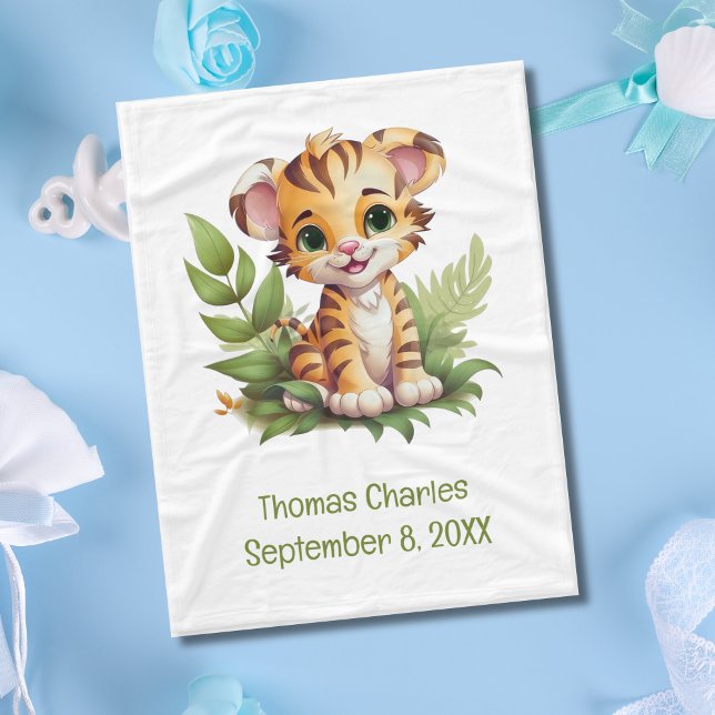 Personalisiert Tiger Jungle Safari Baby Blanket Fleecedecke (Tiger Jungle Safari Baby Blanket. Personalize it with babies name and birthday. )
