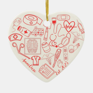 Personalisiert trendy Heart Shaped Nurse Doodle Keramik Ornament
