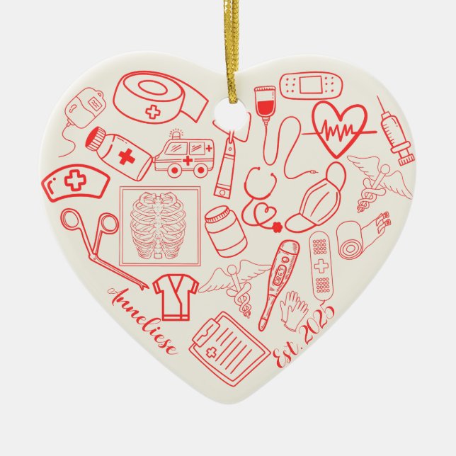 Personalisiert trendy Heart Shaped Nurse Doodle Keramik Ornament (Vorne)