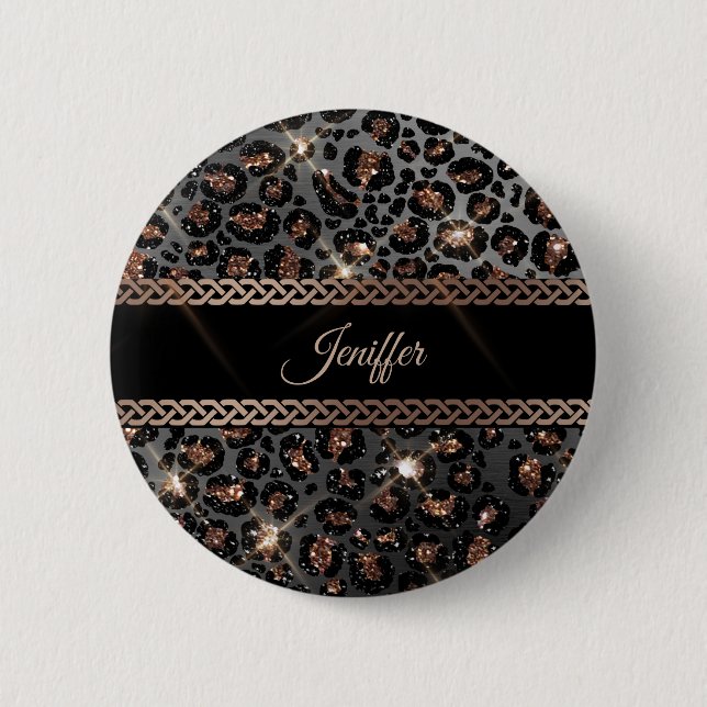 Personalisiert Trendy Leopard Black Gold Glitzer Button (Vorderseite)