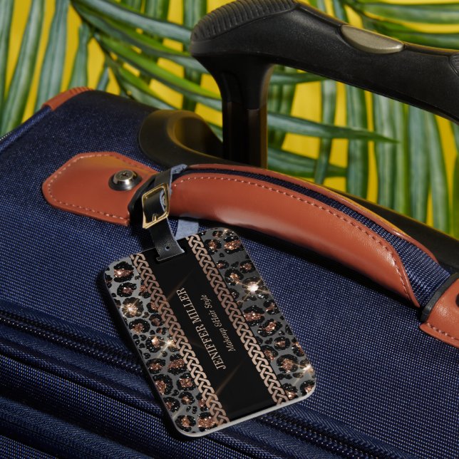 Personalisiert Trendy Leopard Black Gold Glitzer   Gepäckanhänger (Vorderseite Insitu 1)