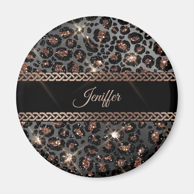 Personalisiert Trendy Leopard Black Gold Glitzer Magnet (Vorne)
