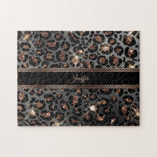 Personalisiert Trendy Leopard Black Gold Glitzer   Puzzle