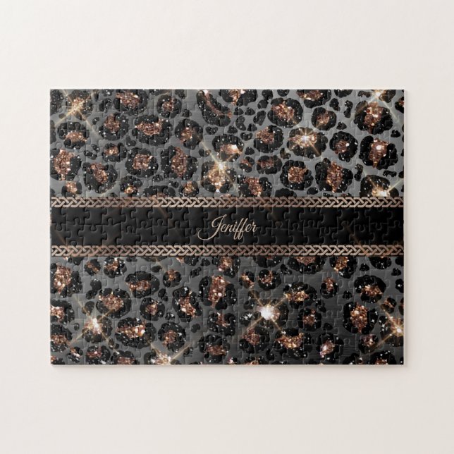 Personalisiert Trendy Leopard Black Gold Glitzer   Puzzle (Horizontal)