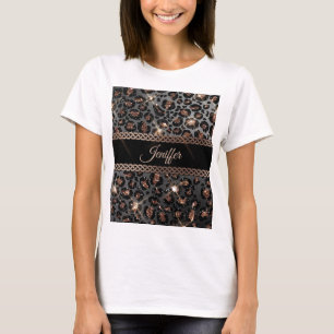 Personalisiert Trendy Leopard Black Gold Glitzer   T-Shirt