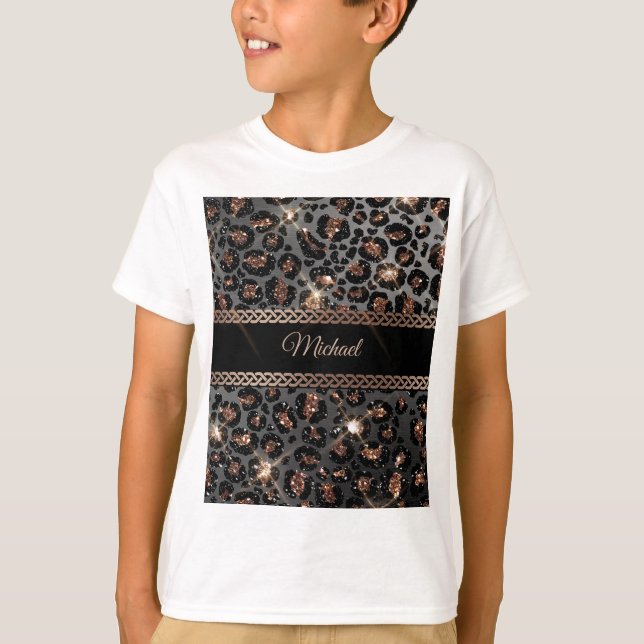 Personalisiert Trendy Leopard Black Gold Glitzer T-Shirt (Vorderseite)