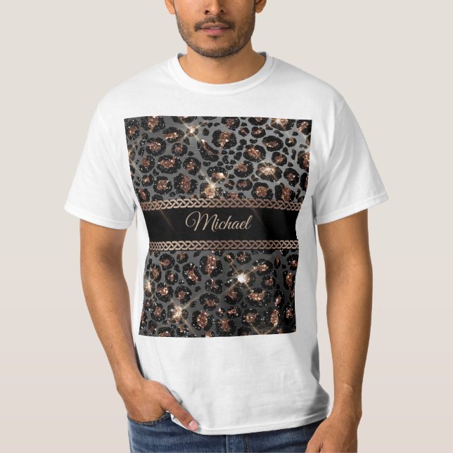 Personalisiert Trendy Leopard Black Gold Glitzer   T-Shirt (Vorderseite)