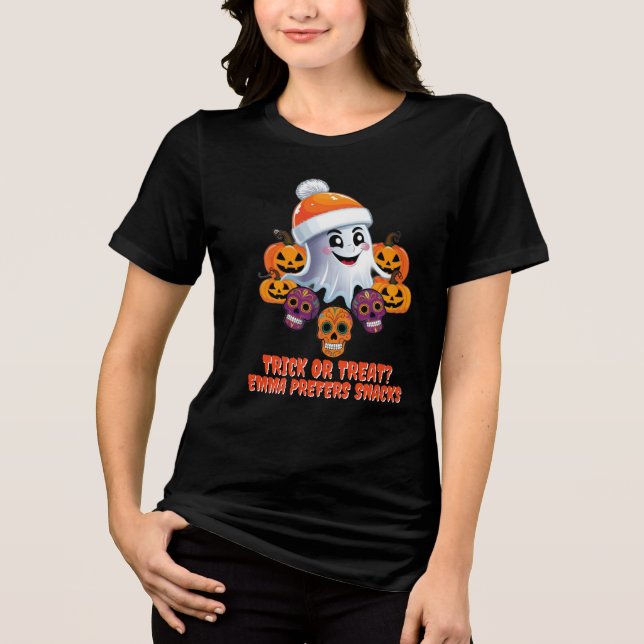 Personalisiert Trick oder Treat Boo Funny Hallowee Tri-Blend Shirt (Vorderseite)